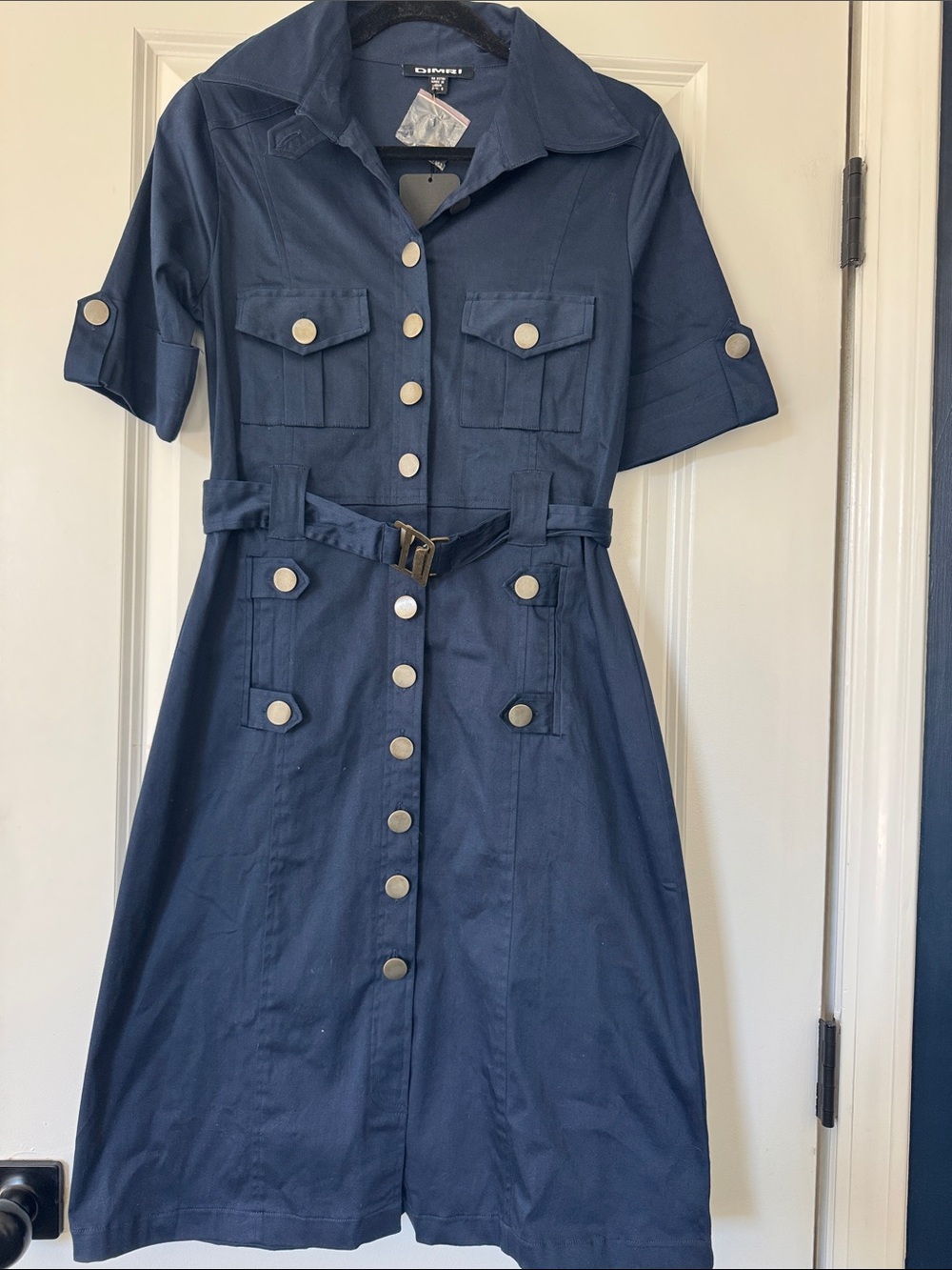 Navy Button-Front Midi Shirt Dress with Belt